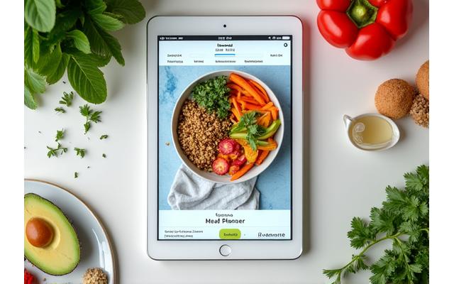 Aplicación de generación de menús con un plato de comida saludable en pantalla.